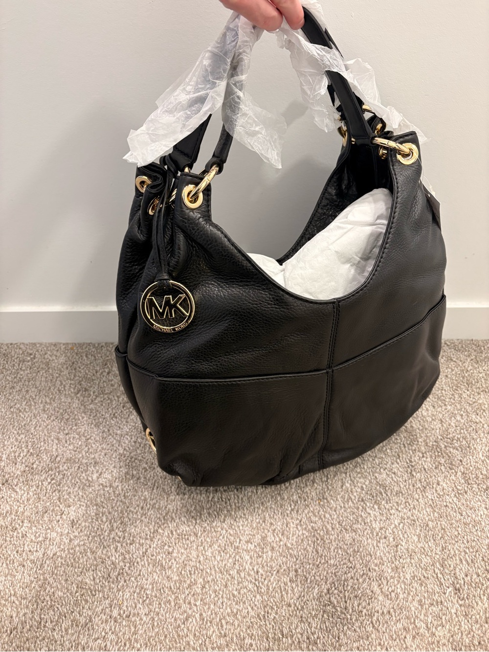 Michael Kors Black Leather Shoulder Bag with Gold Hardware
